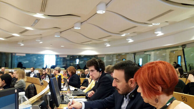 López Gil, con la delegada de la Junta en la UE, Francisca Pleguezuelos, ayer en la Comisión celebrada en Bruselas.