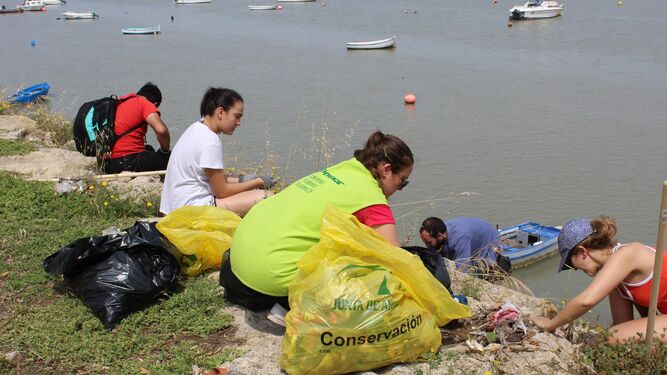 Un grupo de voluntarios limpia la playa del Río San Pedro.
