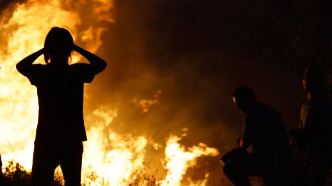 Vecinos de la localidad portuguesa de Ortiga combaten las llamas la noche del pasado viernes.