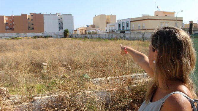 Inmaculada Pérez señala la palmera que usan las ratas para acceder a su casa, en el abandonado Sancho Dávila.