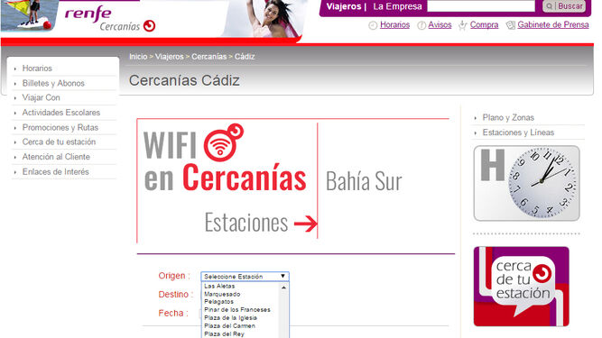Captura tomada ayer de la página web de Cercanías, con las paradas del tranvía en La Isla y Chiclana.