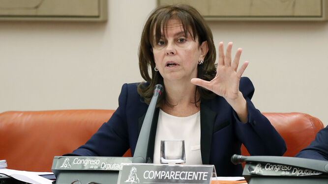 La presidenta de la SEPI, Pilar Platero, ayer durante su comparecencia en la Comisión de Presupuestos del Congreso.