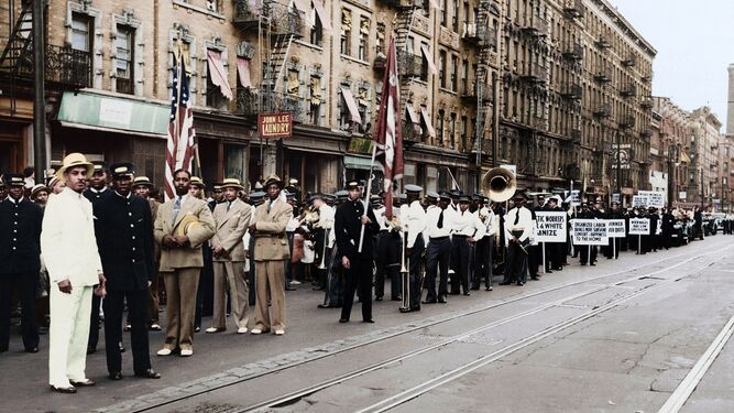 Una manifestación por los derechos de la comunidad negra en los años 30.