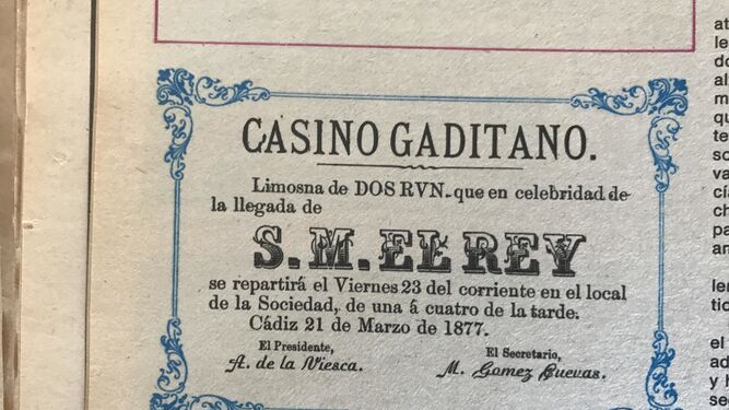 Con motivo de la visita real se ofrecieron donativos en el Casino Gaditano.