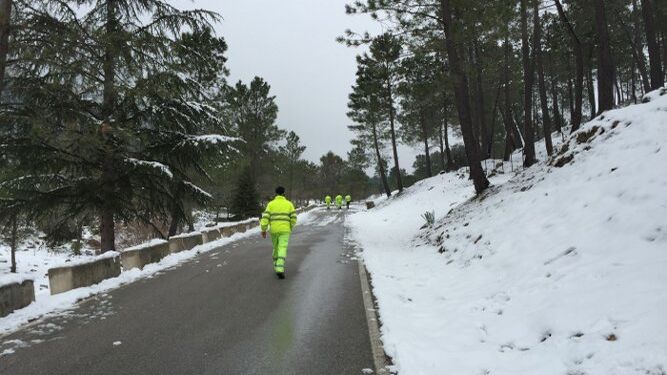 Una brigada de peones camineros de Diputación inspecciona la carretera.