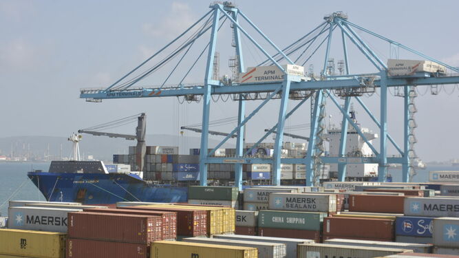 Varias grúas, cargando contenedores en el puerto de Algeciras.
