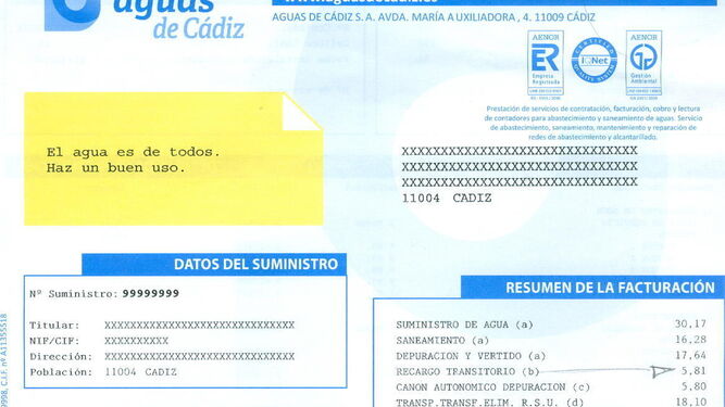 Copia de una factura tipo de Aguas de Cádiz.