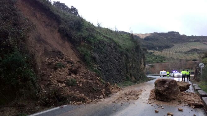 Una piedra cayó sobre la carretera de Jimena durante el temporal.