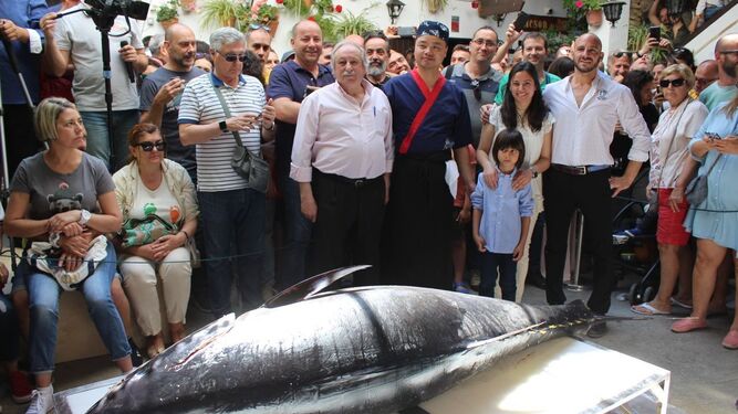 Ronqueo popular en Conil de un atún de 216 kilos
