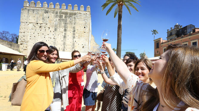 Un grupo de jóvenes brinda ayer junto a la torre del Homenaje en los jardines de San Fernando, en el interior del Alcázar de Jerez.
