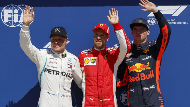 Valtteri Bottas, Sebastian Vettel y Max Verstappen, tras la sesión de clasificación del Gran Premio de Canadá.