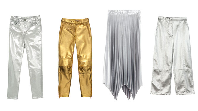 De izquierda a derecha: pantalones metalizados de Zara; pantalones dorados con rodilleras de Moschino [tv] H&amp;M; falda plisada metalizada de Zara; pantalones midi metalizados de Bershka.