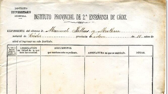Fragmento del Expediente del Instituto Provincial de Segunda Enseñanza del joven Manuel de Falla.