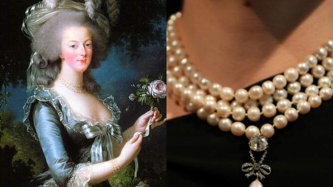 Cuadro de María Antonieta y, a la derecha, collar de perlas suyo que se ha vendido en subasta.