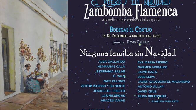 Cartel anunciador de la zambomba 'Ninguna familia sin Navidad', obra del pintor Adrián Ferreras.
