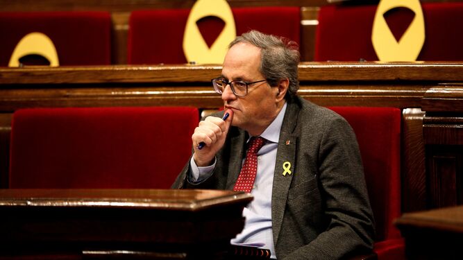El president de la Generalitat, Quim Torra, durante el pleno del Parlamento catalán celebrado este jueves.