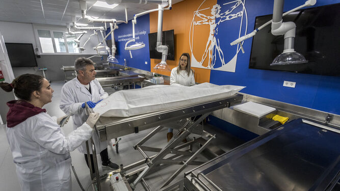 Técnicos del Departamento de Anatomía y Embriología Humana con uno de los cuerpos donados a la Facultad de Medicina de Cádiz en la Sala de Disección.