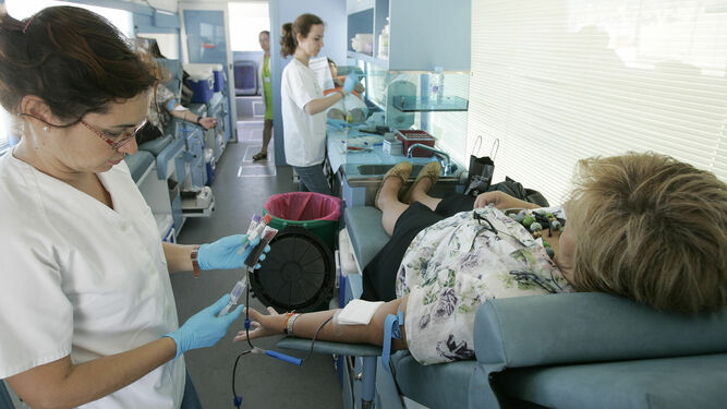Una señora donando sangre en una campaña estival de donación en Cádiz.