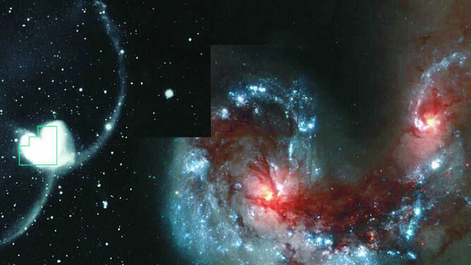Fotograf&iacute;a enviada por el Hubble  en la que se aprecia un detalle del choque de las dos galaxias