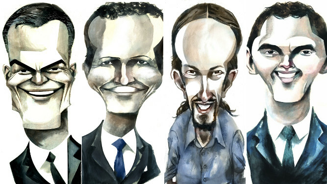 Caricaturas de los cuatro grandes candidatos a presidente del Gobierno.