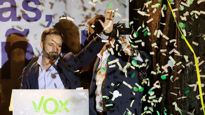 Santiago Abascal, líder de Vox, la noche electoral.