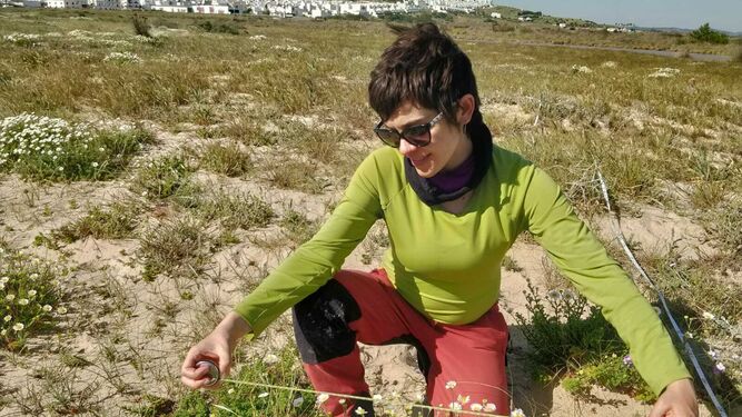 Paloma Nuche en pleno trabajo de campo, el pasado miércoles en las dunas de la playa de Castilnovo.