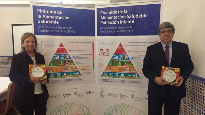 Amelia Rodríguez y Javier Aranceta posan con la Guía junto a la nueva Pirámide de la Alimentación Saludable.