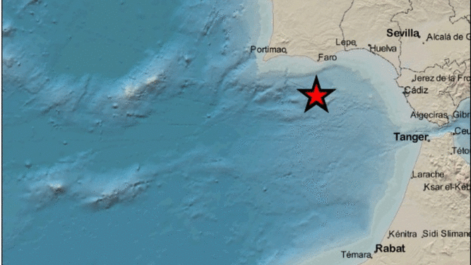Epicentro del terremoto registrado este martes en el Golfo de Cádiz.