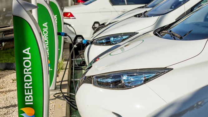 Varios vehículos eléctricos aparcados en puntos de recarga de Iberdrola