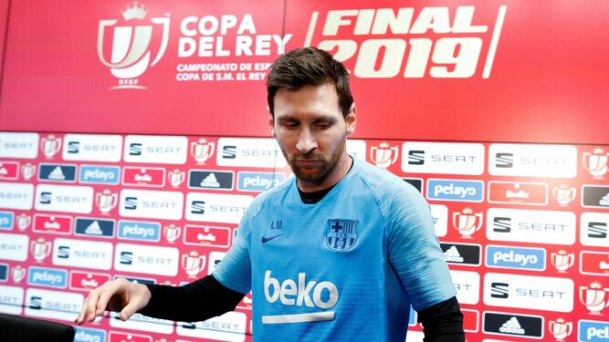 Leo Messi, antes de la rueda de prensa de hoy.