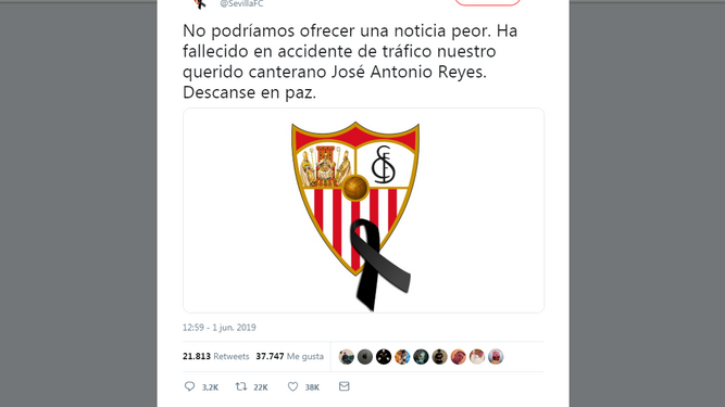 Tuit del Sevilla FC sobre la muerte de José Antonio Reyes.