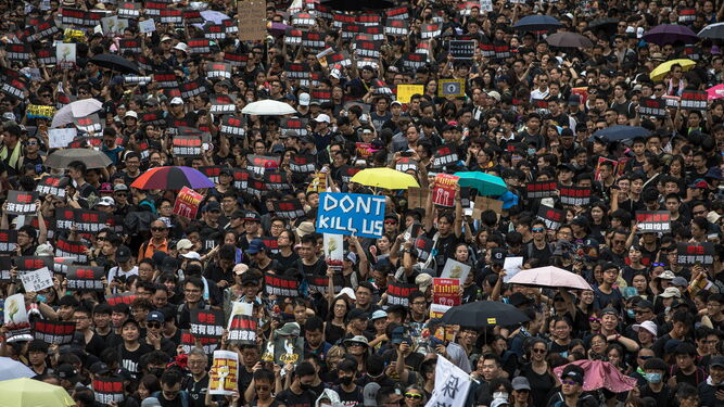 Multitud concentrada en las calles de Hong Kong, muchos de ellos con los paraguas convertidos en símbolos de su lucha.