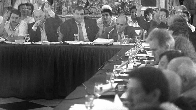 Los diputados del PA, entonces socios del PSOE en la Diputación de Cádiz, rompen la disciplina de voto en un pleno de 1999 tras una moción del PP.