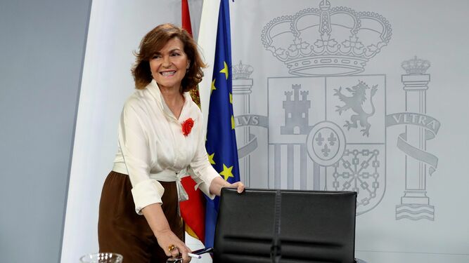 Carmen Calvo, tras el Consejo de Ministros.
