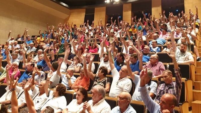 Imagen de una de las votaciones a mano alzada de la asamblea celebrada esta noche.
