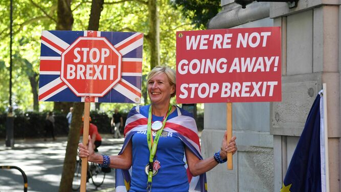Una manifestante en contra del 'Brexit' con pancartas ayer ante el Parlamento de Westminster, en Londres.