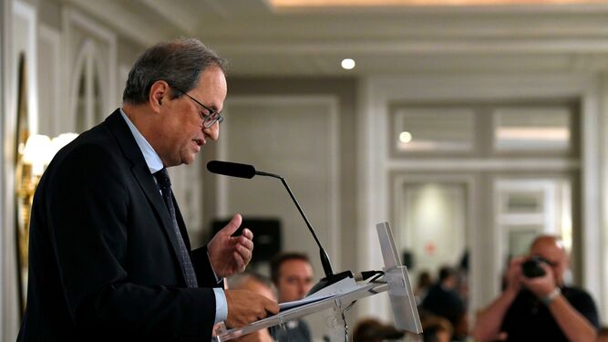 El presidente de la Generalitat, Quim Torra, en un desayuno informativo celebrado en Madrid este jueves.