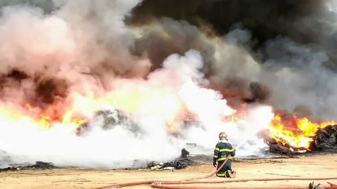 Intervención de los bomberos en el incendio de la planta de residuos agrícolas de La Algaida.