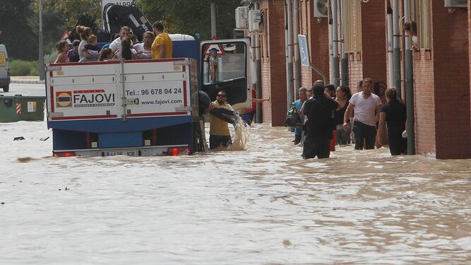 Un camión traslada a varios vecinos de la localidad alicantina de Almoradí tras desbordarse el cauce del río Segura por la crecida.