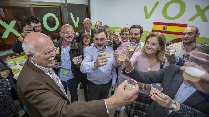 Miembros de Vox celebran los resultados electorales en su sede de San Fernando.