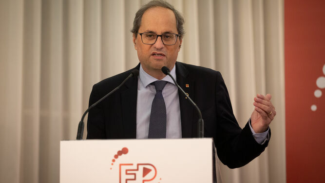 El presidente de la Generalitat, Quim Torra, durante su discurso en la inauguración del Primer Congreso de FP de Catalunya este jueves en el Palau de Pedralbes.