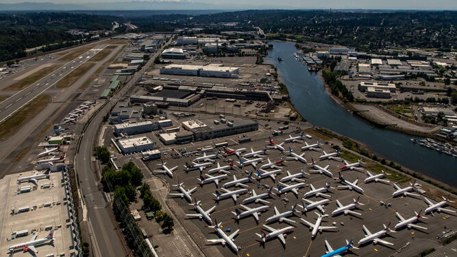 Decenas de Boeing 737 Max a la espera de entrega en la factoría de Boeing en Seattle.