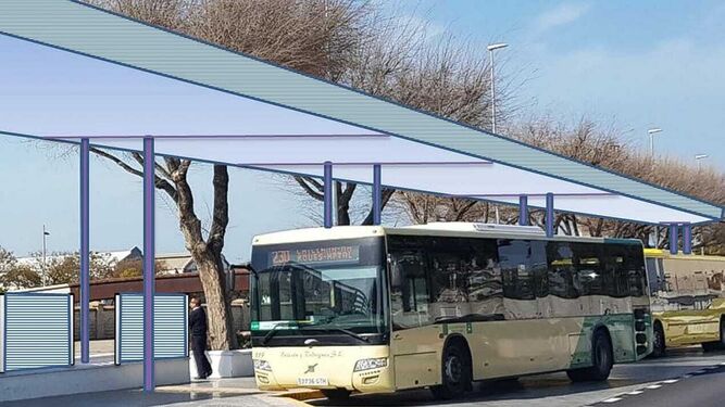 Imagen virtual de la cubierta y el cerramiento trasero proyectados para mejorar el servicio en el apeadero de autobuses.
