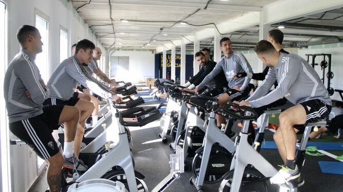 Varios jugadores del Cádiz hacen ejercicios en el gimnasio en el arranque de la semana.