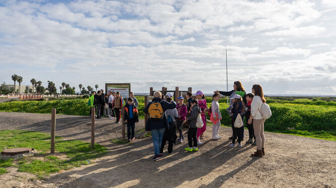 Un grupo de escolares en su visita al sendero del Carrascón.