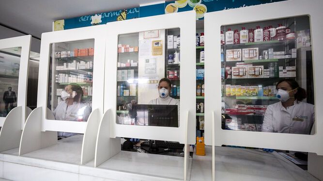 Empleadas de la farmacia Andaluc&iacute;a atendiendo a trav&eacute;s de pantallas de protecci&oacute;n