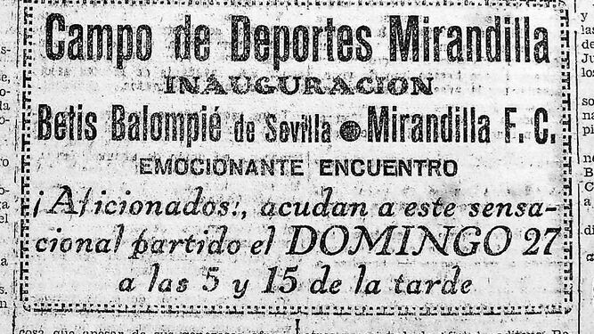 Anuncio de la inauguración del Campo de Deportes Mirandilla, publicado en el Diario en 1933.
