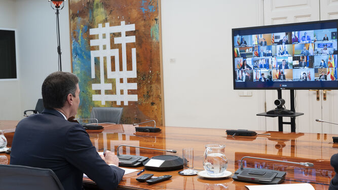 Pedro Sánchez, durante su reunión por videoconferencia con los presidentes autonómicos.