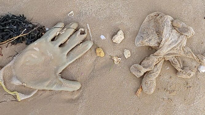 Aparecen numerosos guantes de desecho en la playa de La Puntilla.