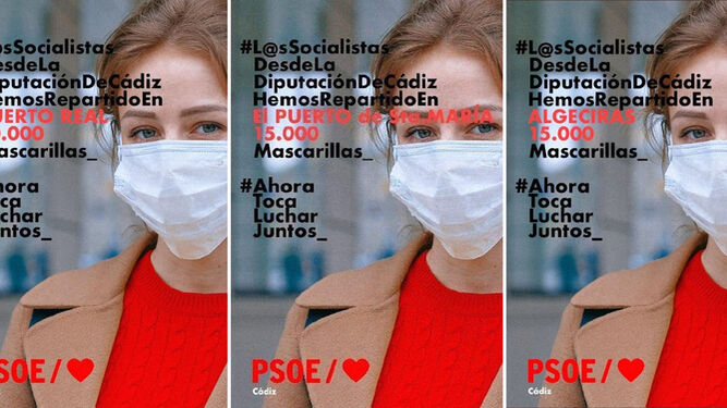 El PSOE ha repartido carteles como estos en muchos municipios gaditanos. En la imagen los de Puerto Real, El Puerto y Algeciras.